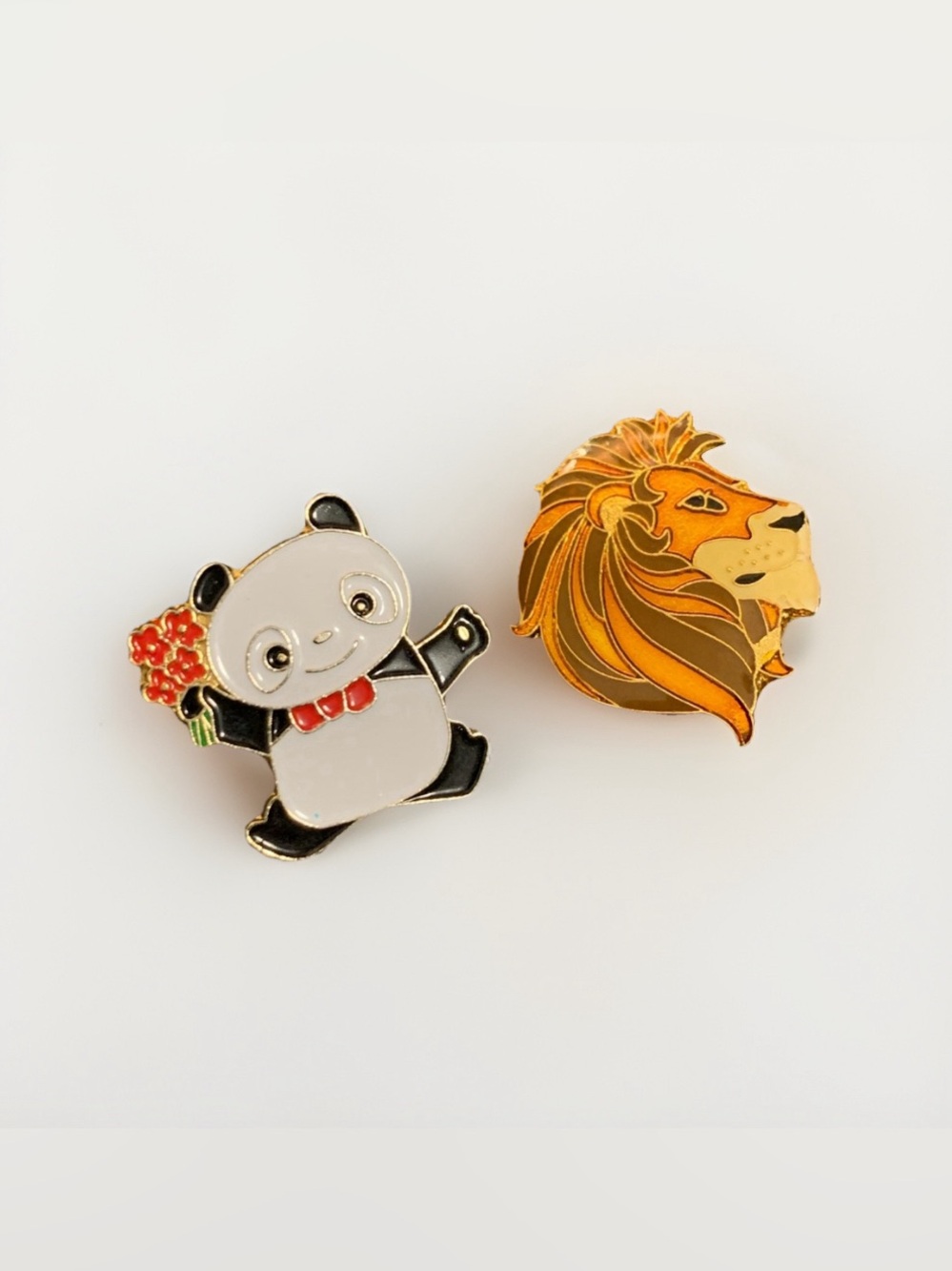 Vintage Cute Panda & The Lion King Enamel Pins — White, Black, Red & Gold